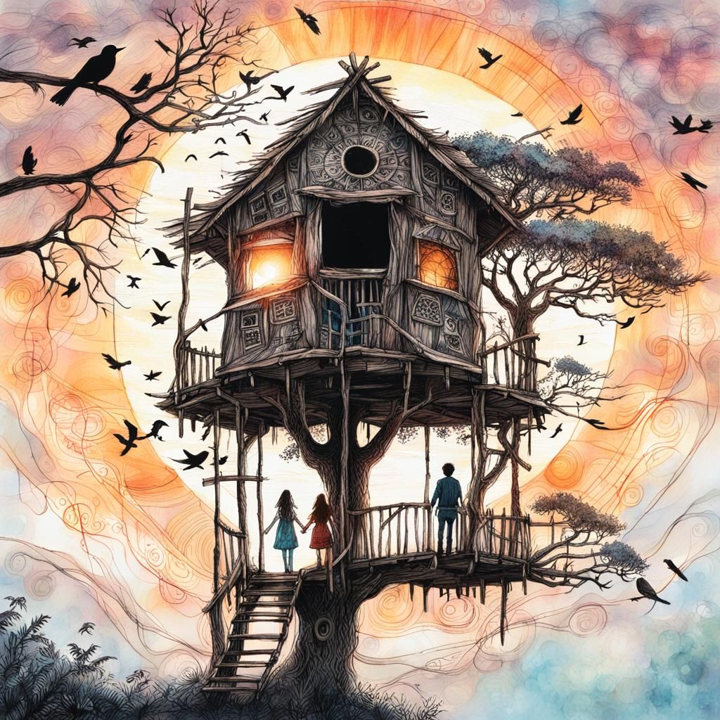 Whimsical Treehouse Silhouette in Zentangle Style