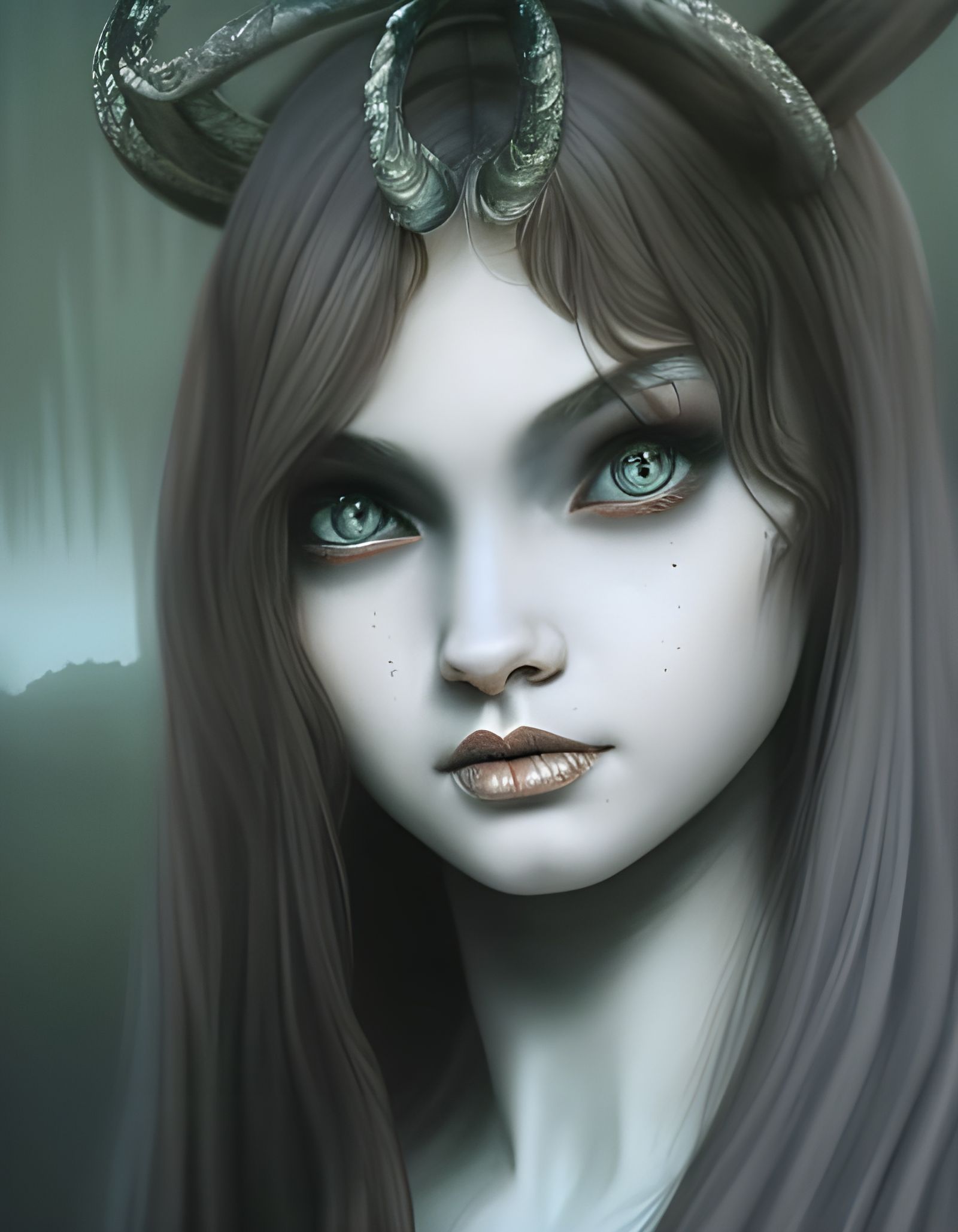 Demon Girl Portrait in Abandoned Church: Digital Art