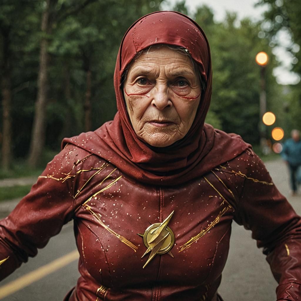 Babushka as Flash Superhero in Motion