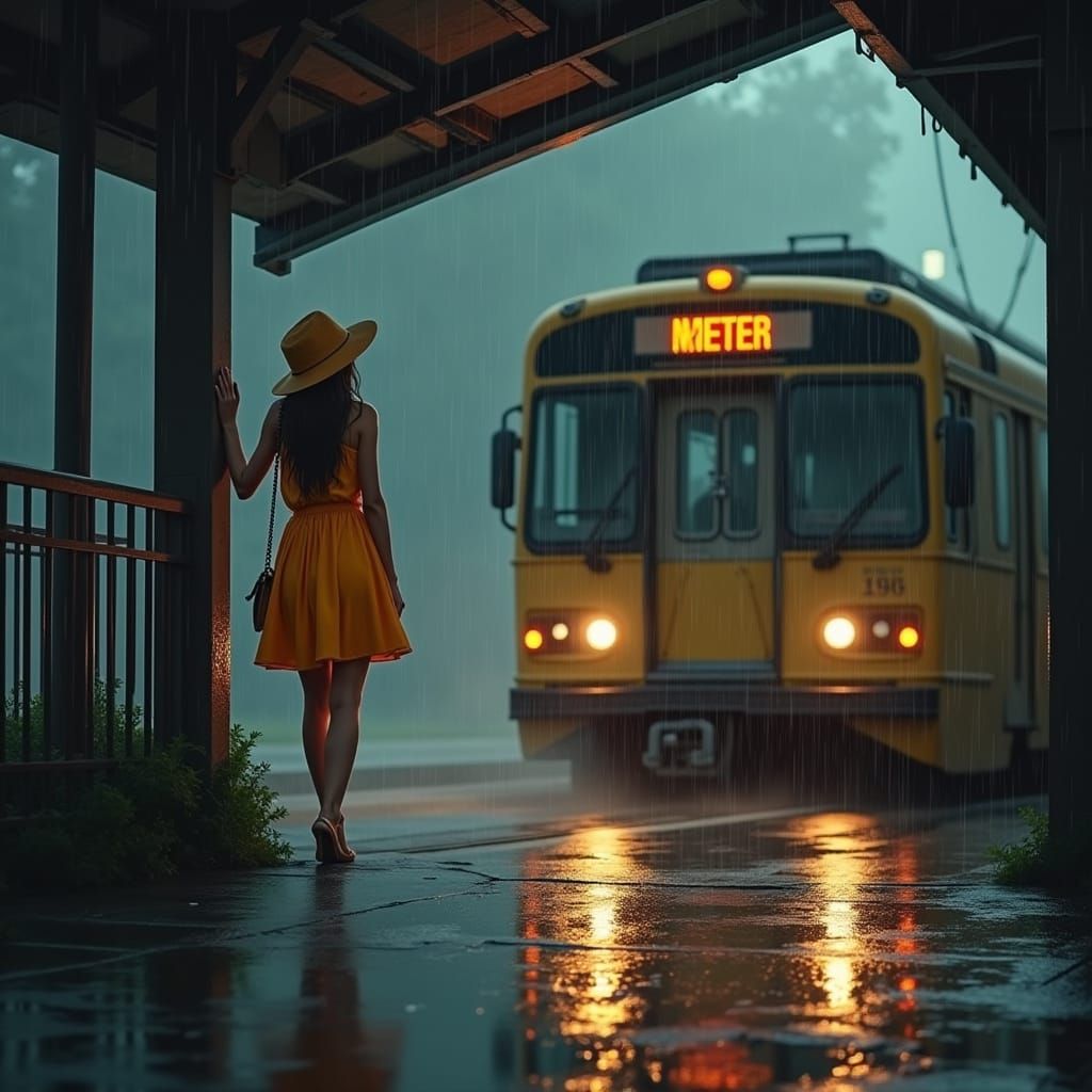Rainy Cityscape: Subway Train in Urban Environment