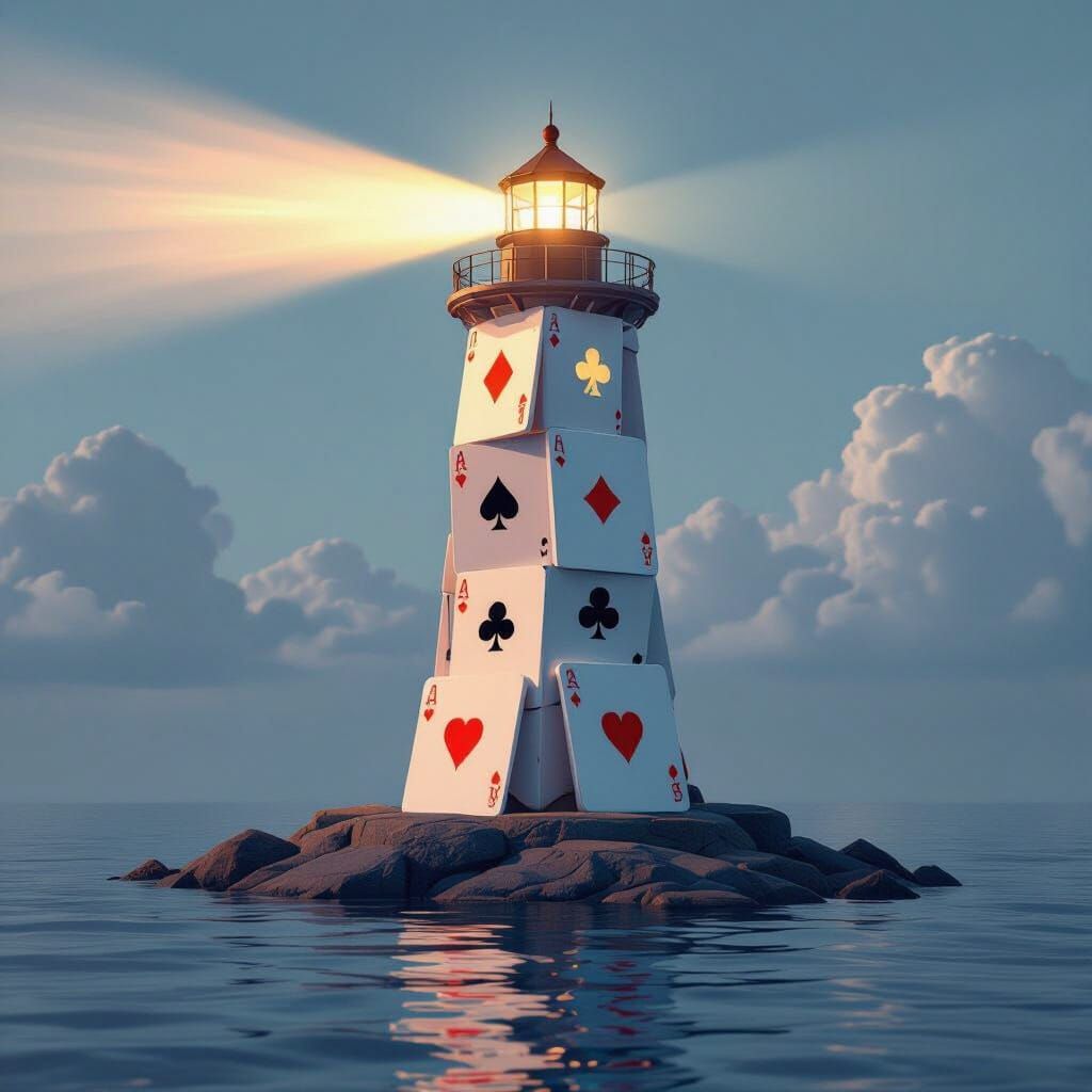 Card Lighthouse Shines Energy Beam Onto Surreal Sky