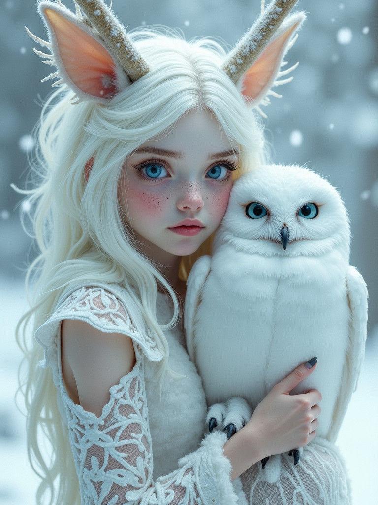 Ethereal Winter Portrait: Fantasy Character with Snowy Owl