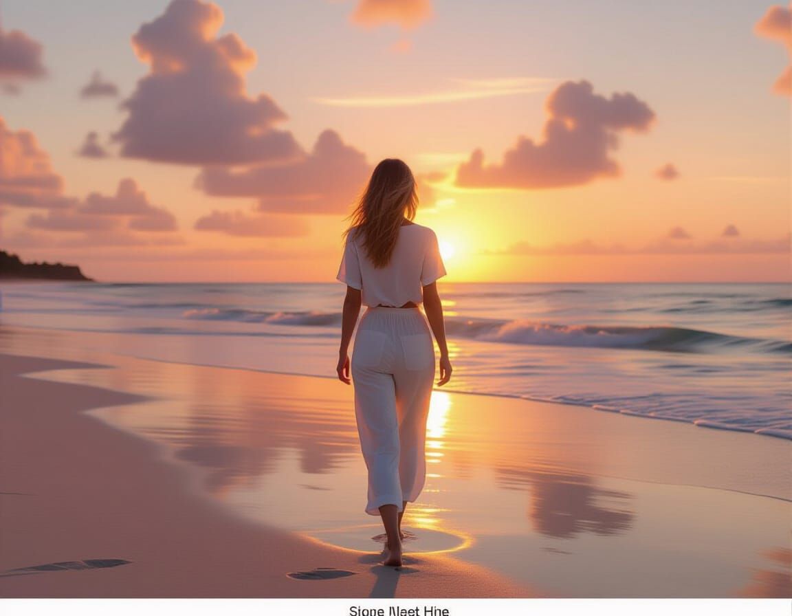 Serene Woman on Tranquil Beach at Sunset