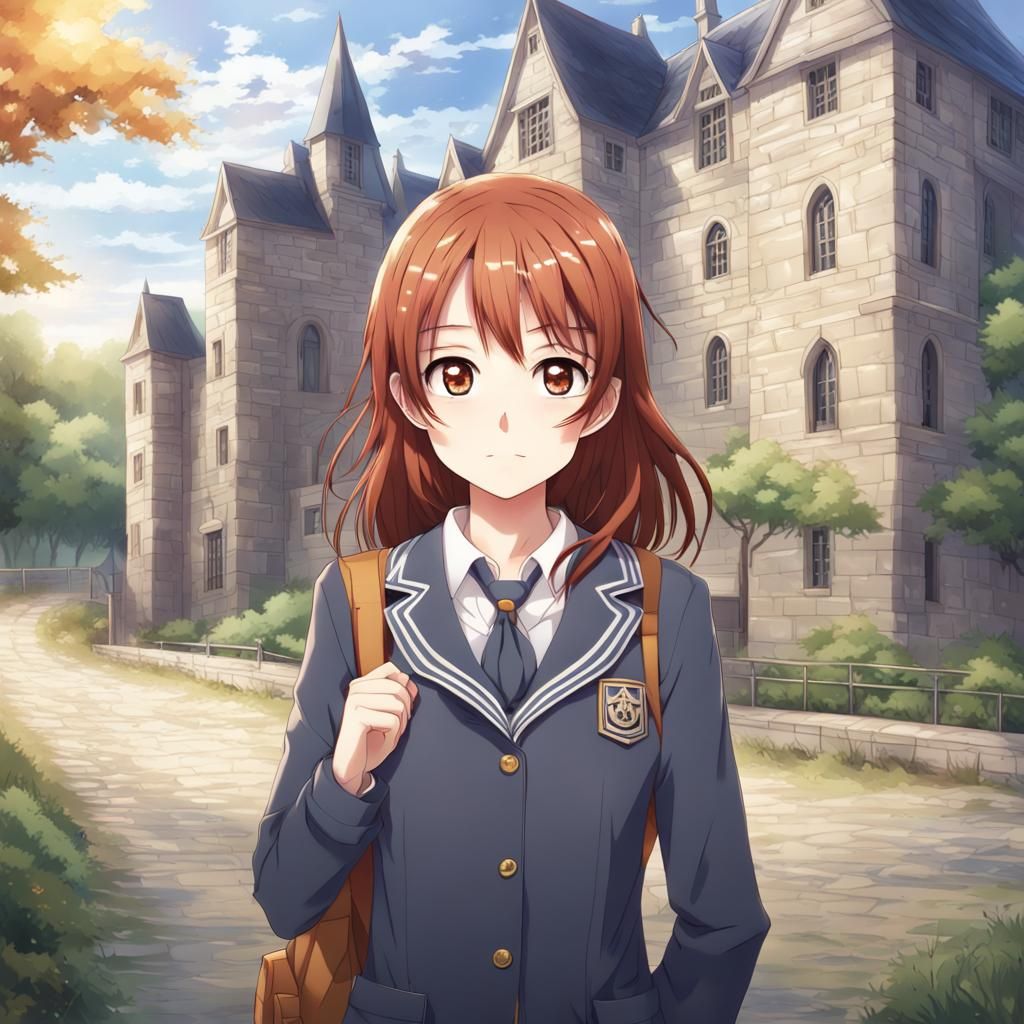Anime-Style Girl with Owl at Hogwarts-like Castle