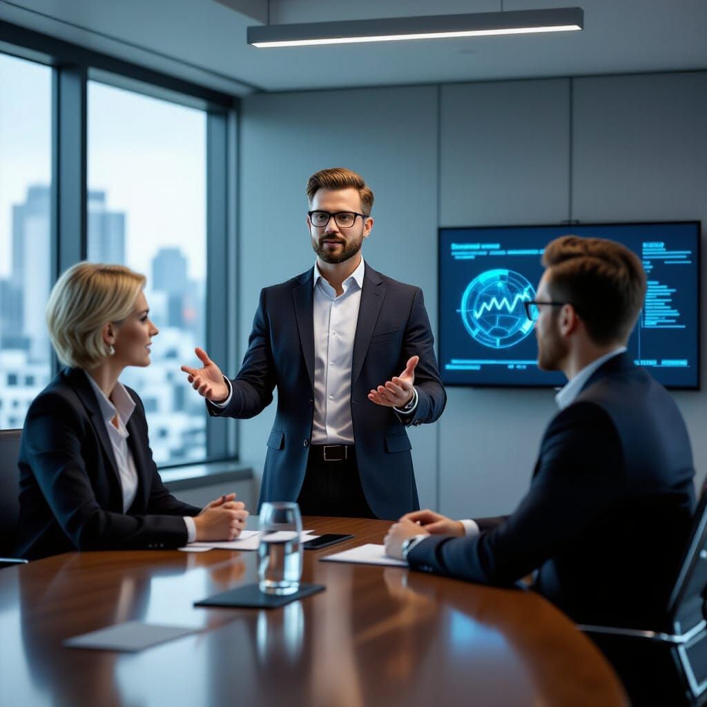 AI Researcher Presents Results in Futuristic Conference Room