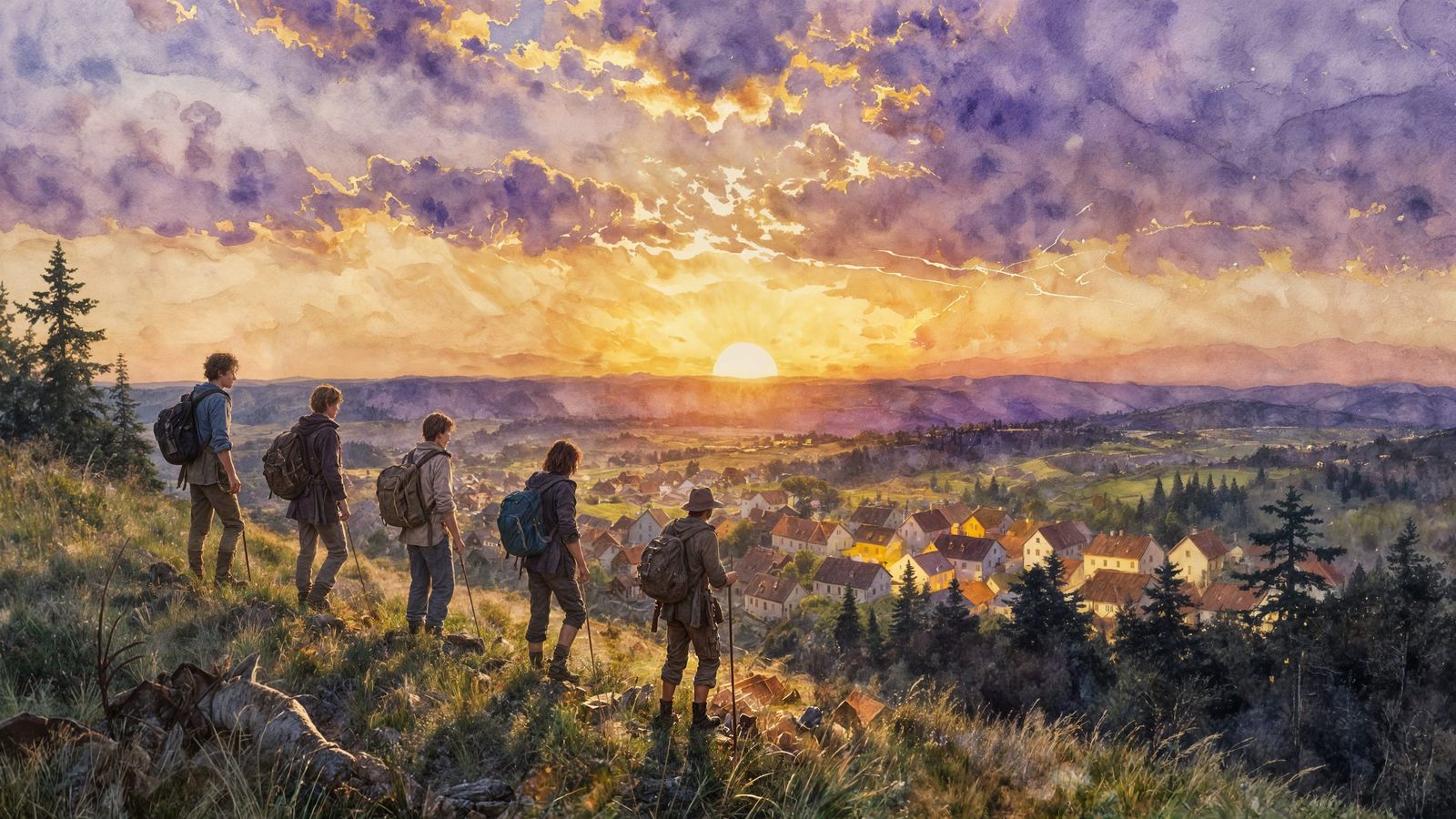 Adventurers Return Home at Sunset in Watercolor Impressionis...