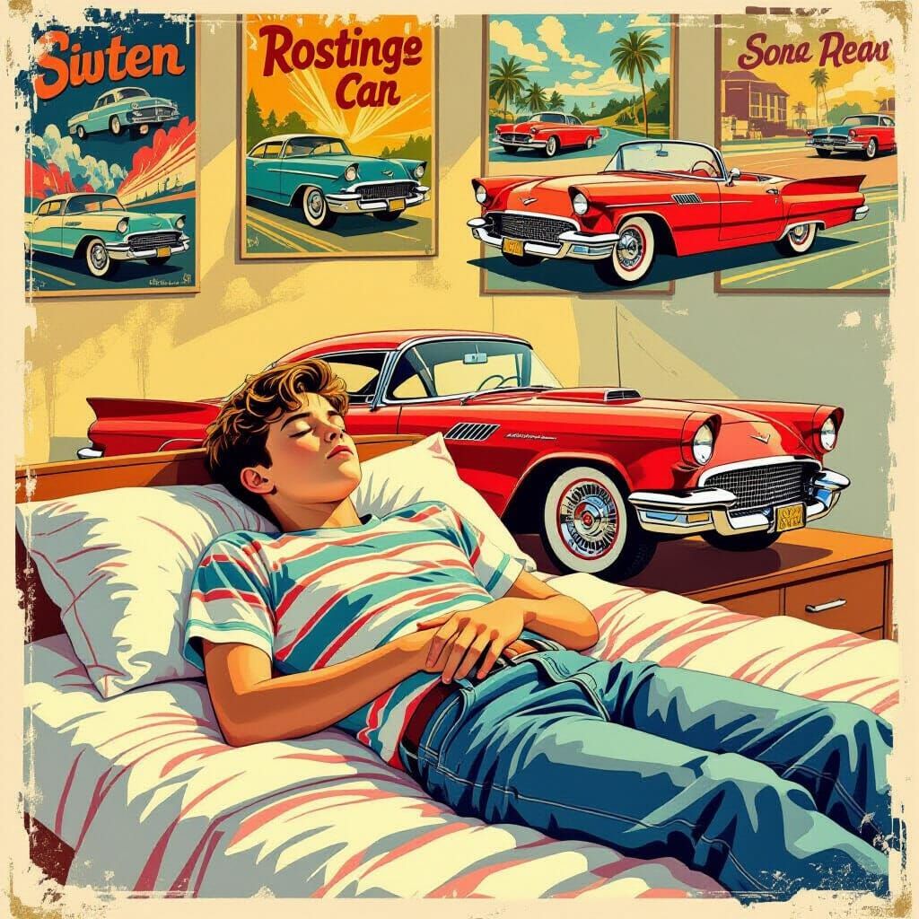 Boy Dreams of Vintage Sports Car in Retro Atmosphere