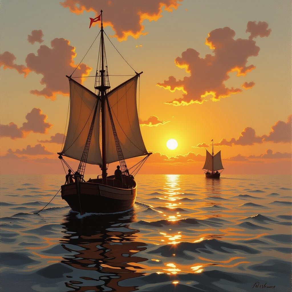 Caravel Ship at Sunset, Oil Painting Style
