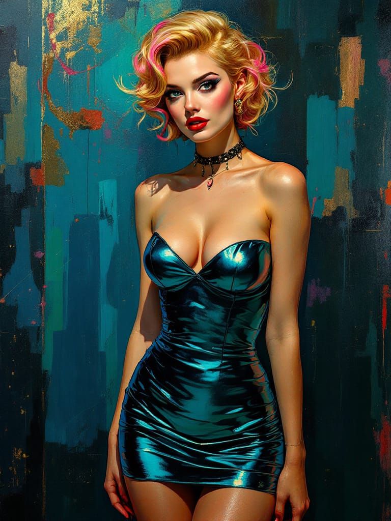 Pin-Up Woman in Metallic Cyan Dress, Hollywood Glamour Style