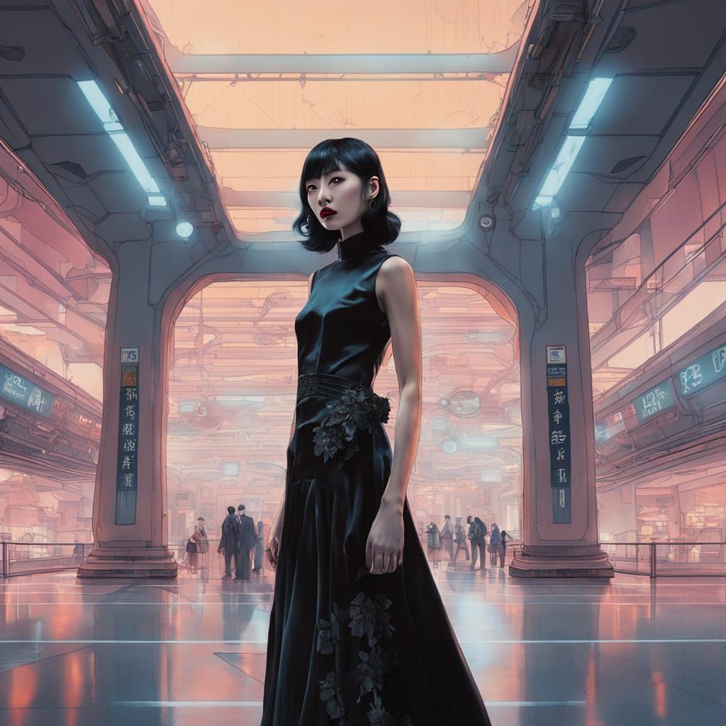 Ethereal Chinese Ghost in Futuristic Airport Scene