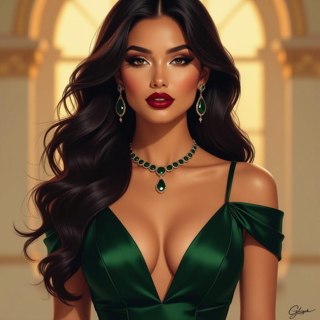 Elegant Latin Woman in Dark Green Evening Dress