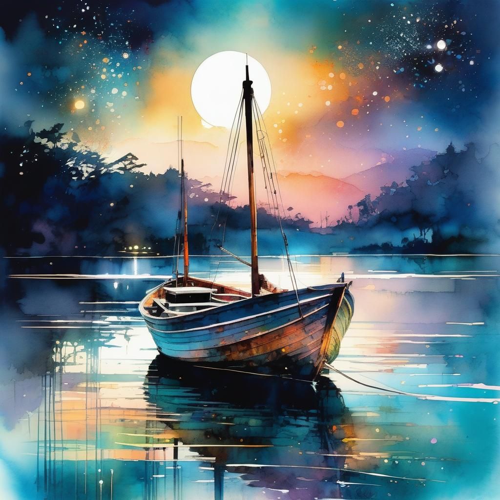 Moonlit Boat: Digital Watercolor Summerscape Sunset