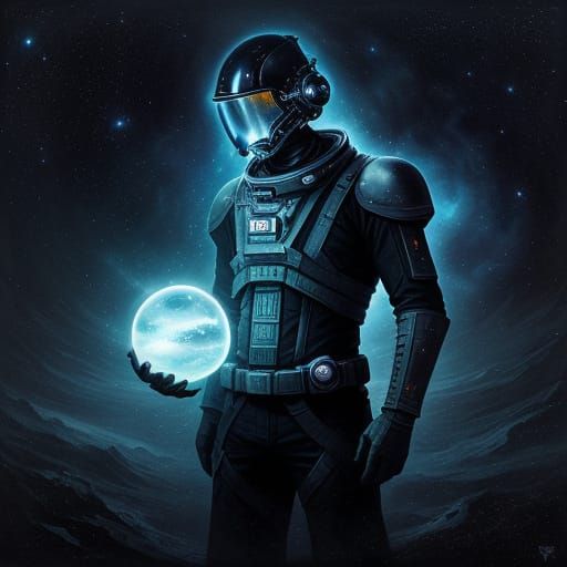 Astronaut Adrift Holding Cosmic Orb in Deep Space