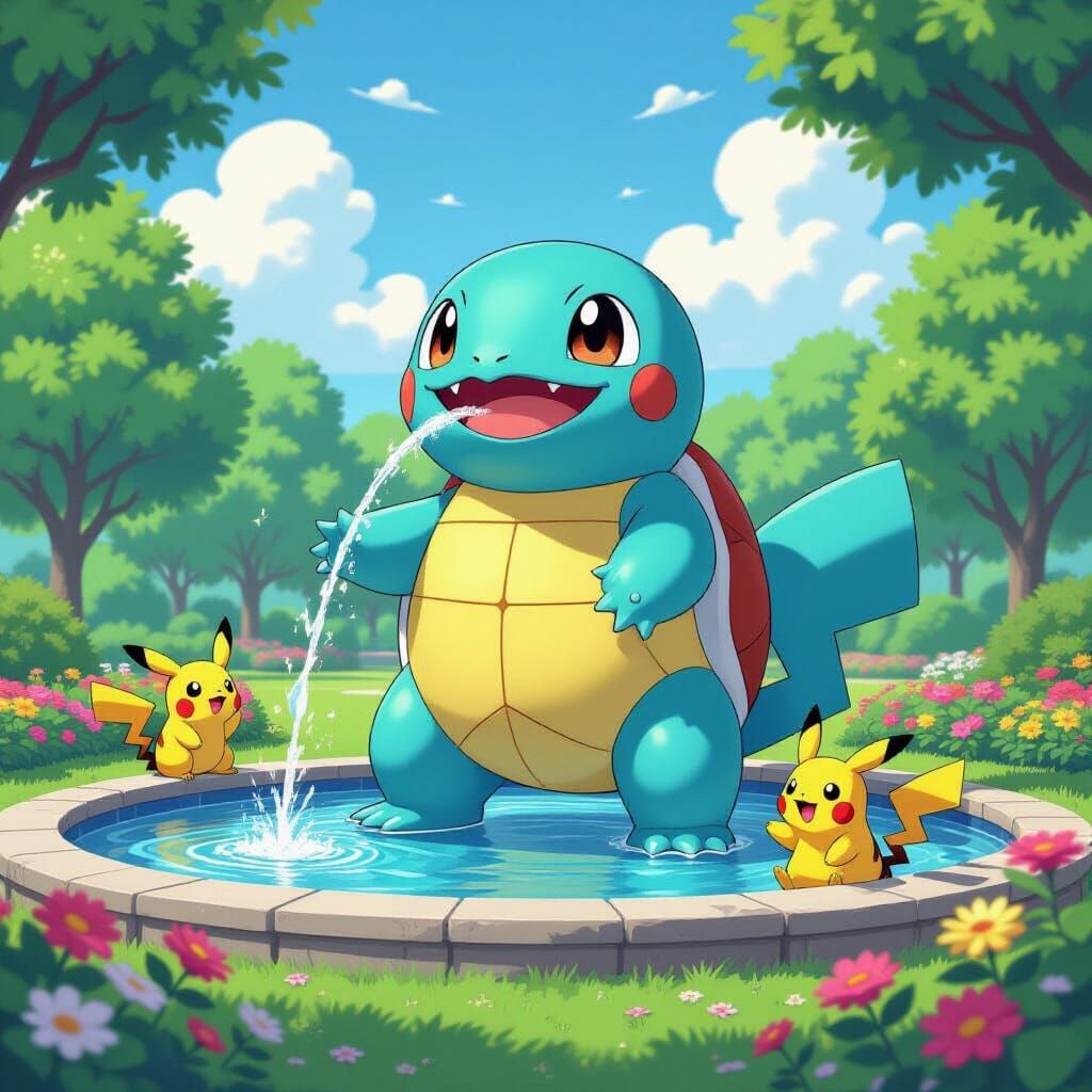 Cheerful Squirtle Statue in Lush Park, Anime Style