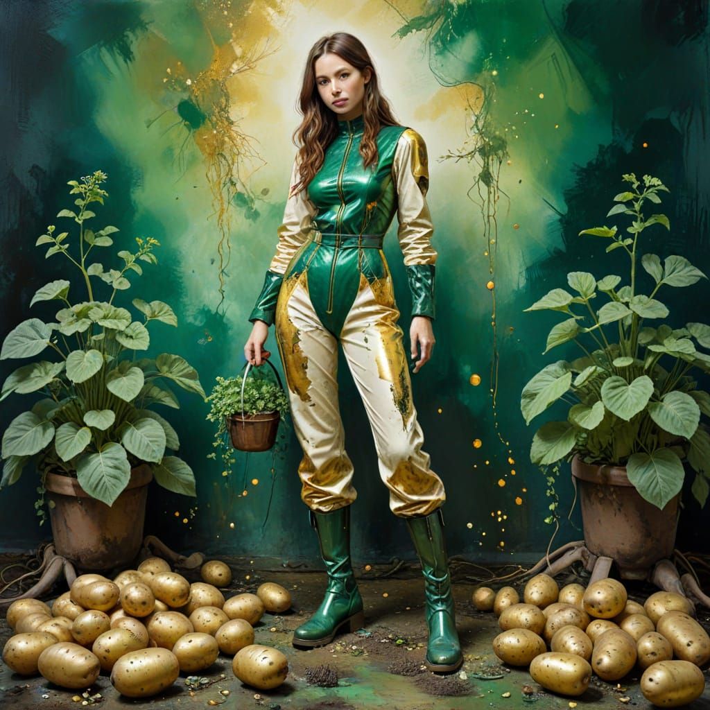 Futuristic Gardener Harvesting Potatoes: Ink Painting