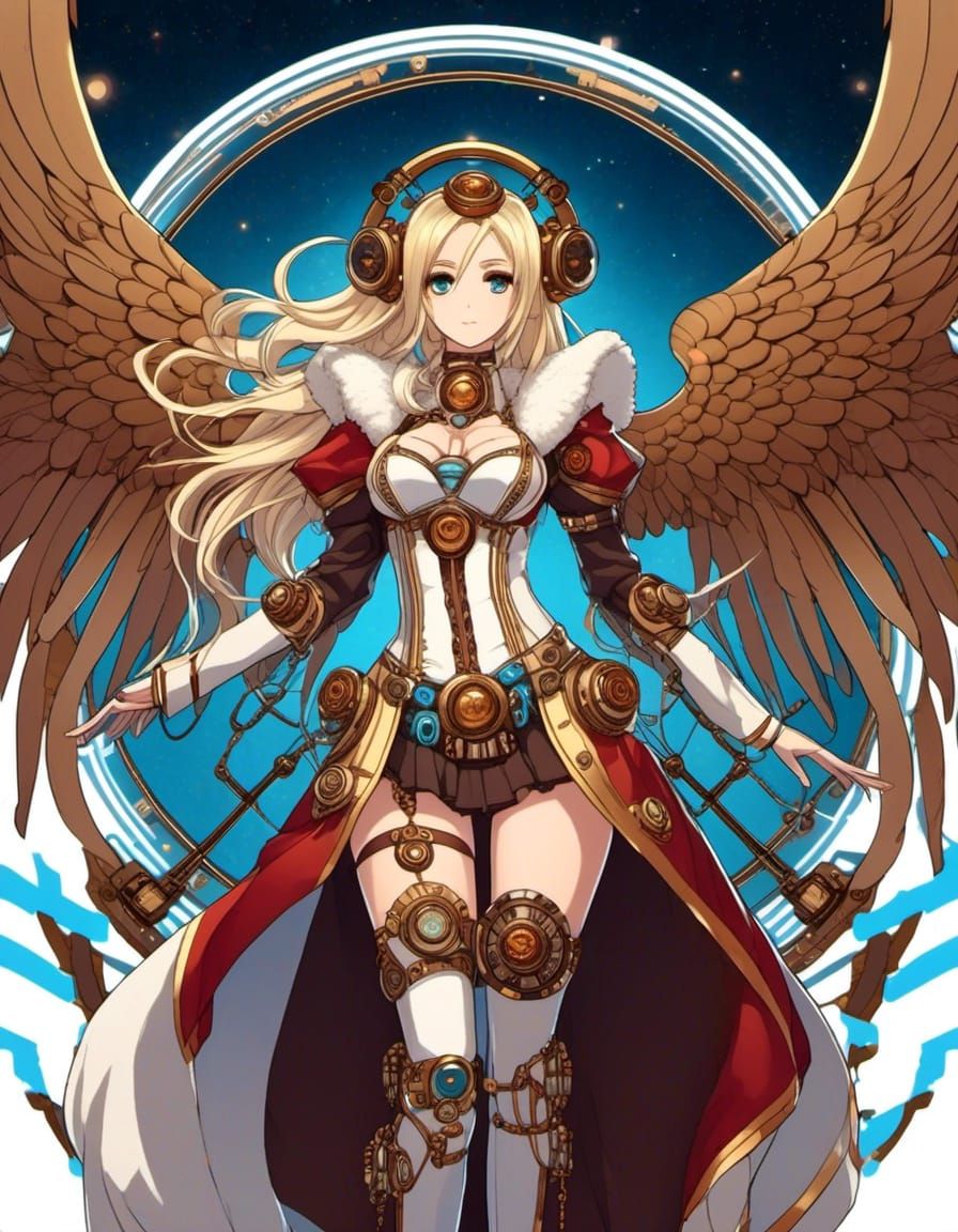 Symmetrical Anime steampunk Goddess, flowing Blonde hair, br...