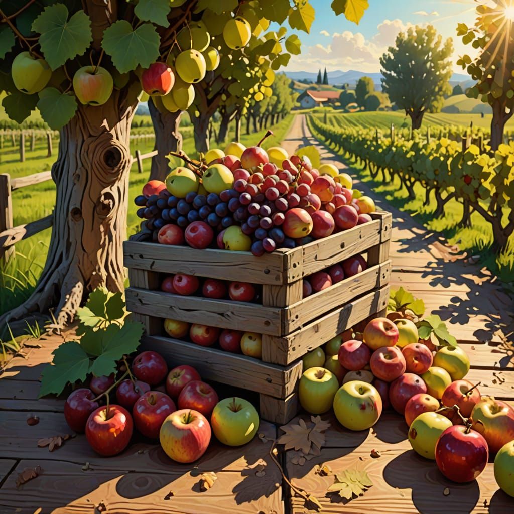 Worn Crate Overflowing With Fruit Beside Orchard Path