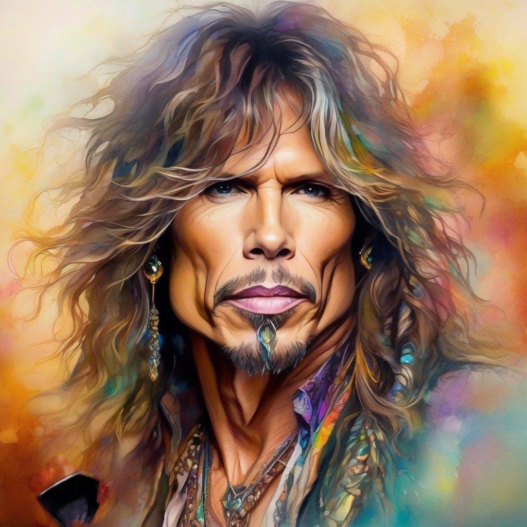 intricate realistic portrait of Steven Tyler looking in camera, misty, ultra detailed, in the style of alcohol ink, knif...