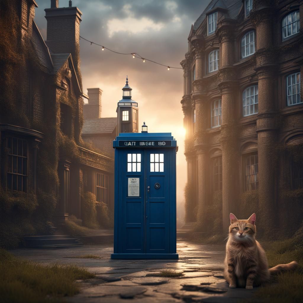 Cat Outside Tardis in Detailed Fantasy Art