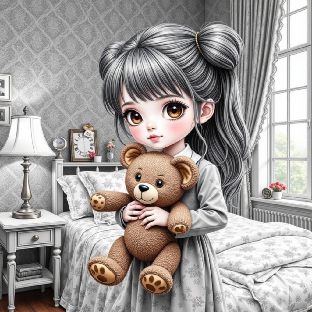 Chibi Girl Holds Teddy Bear in Detailed Graphite Illustratio...