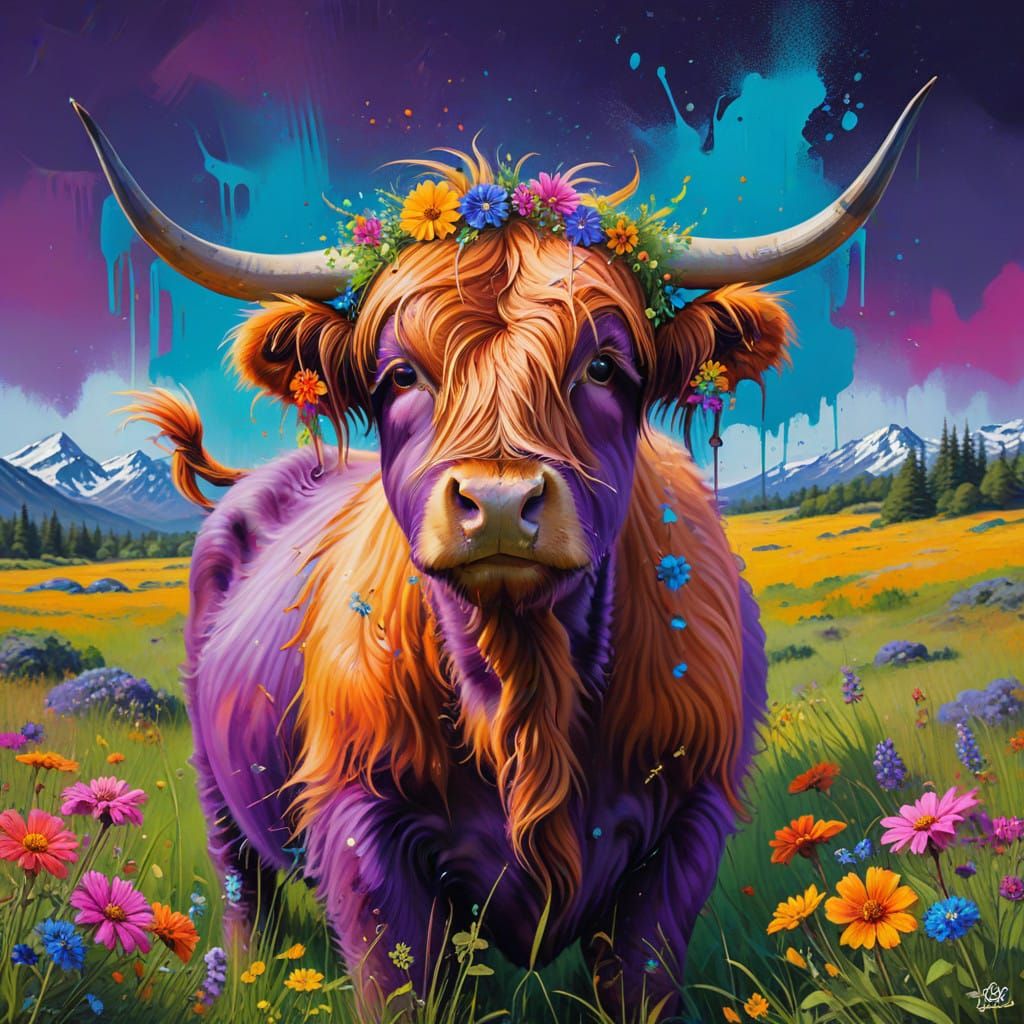 Vibrant Highland Cow in a Garden Paradise