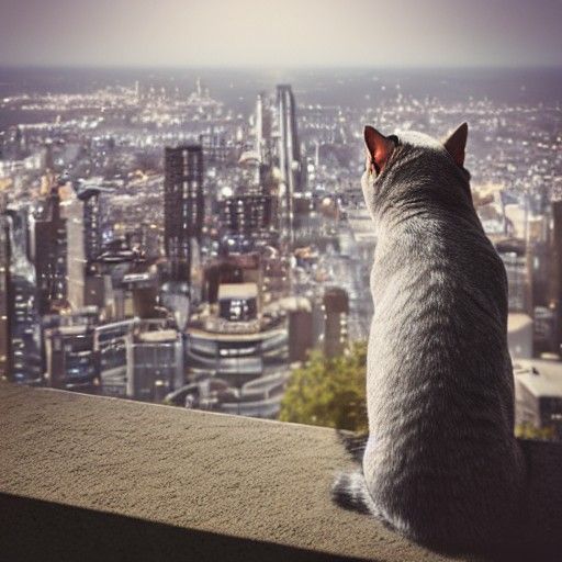 Silver British Shorthair Overlooking City, Photorealistic Ar...