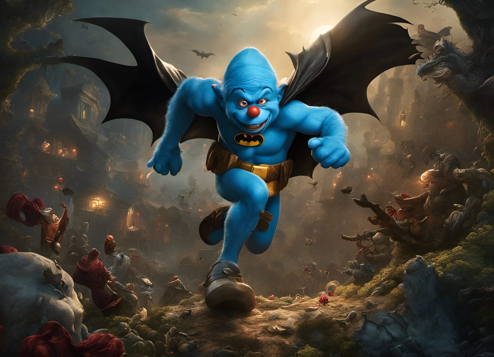 Papa Smurf and Batman Mashup in Photorealistic Style
