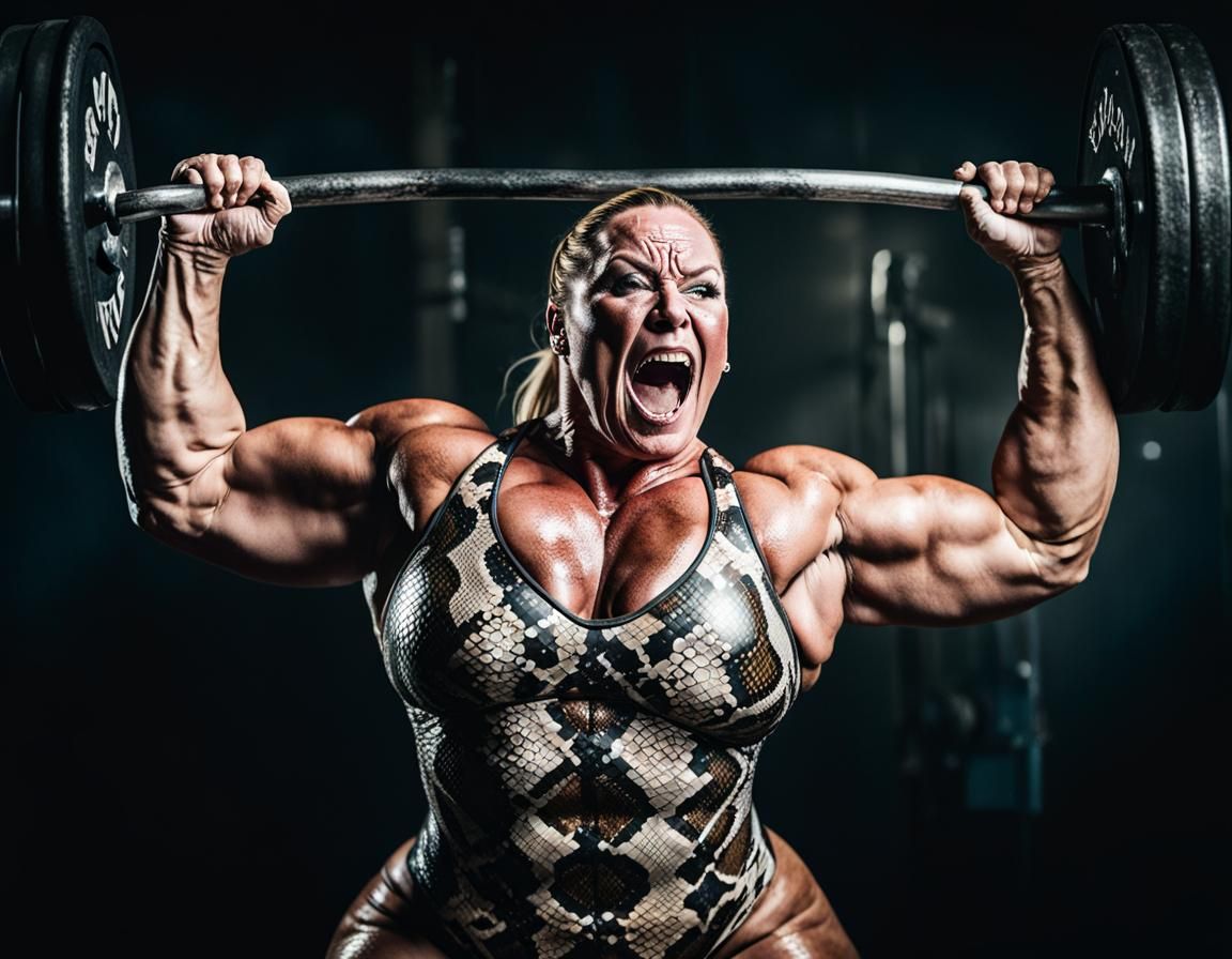 Powerful Plus Size Athlete in Snake Skin Swimsuit, Lifting B...