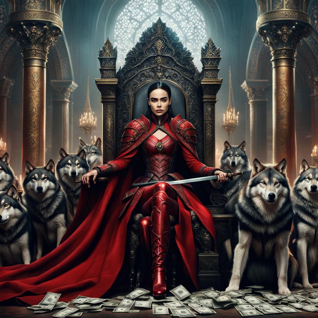 Woman in Red Armor on Throne with Wolves