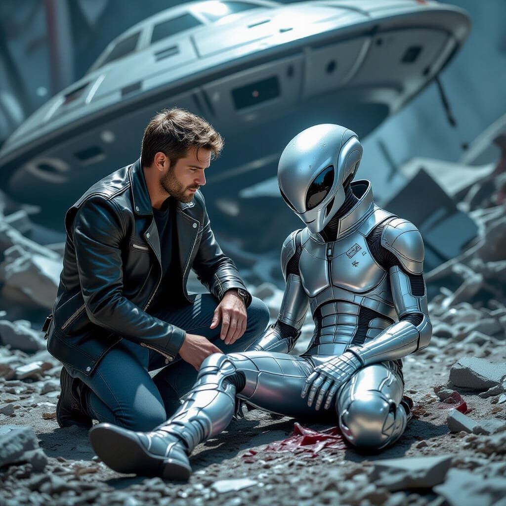 Injured Alien and Good Samaritan in Comic Book Style