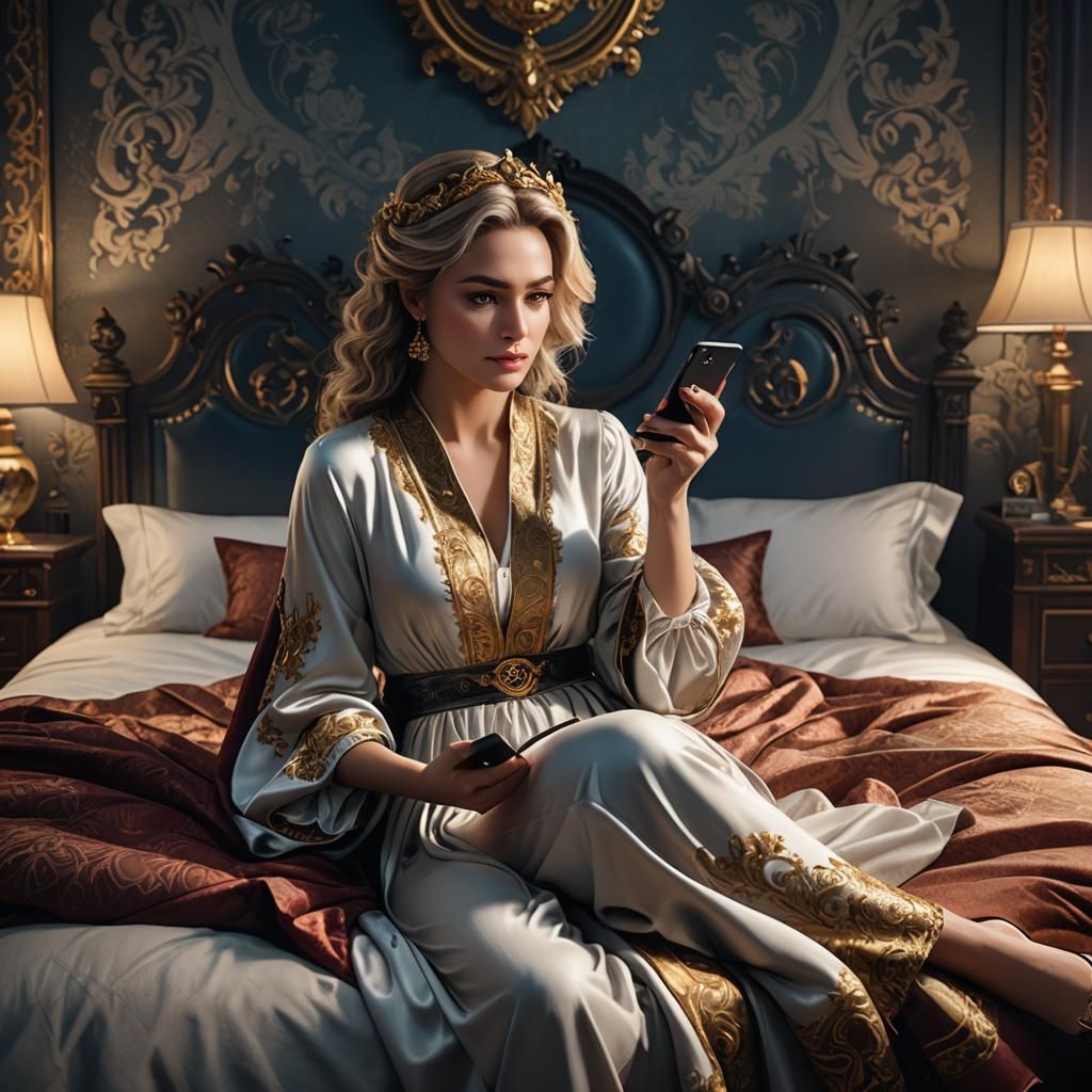 Woman on Bed with Phone: Detailed Digital Art