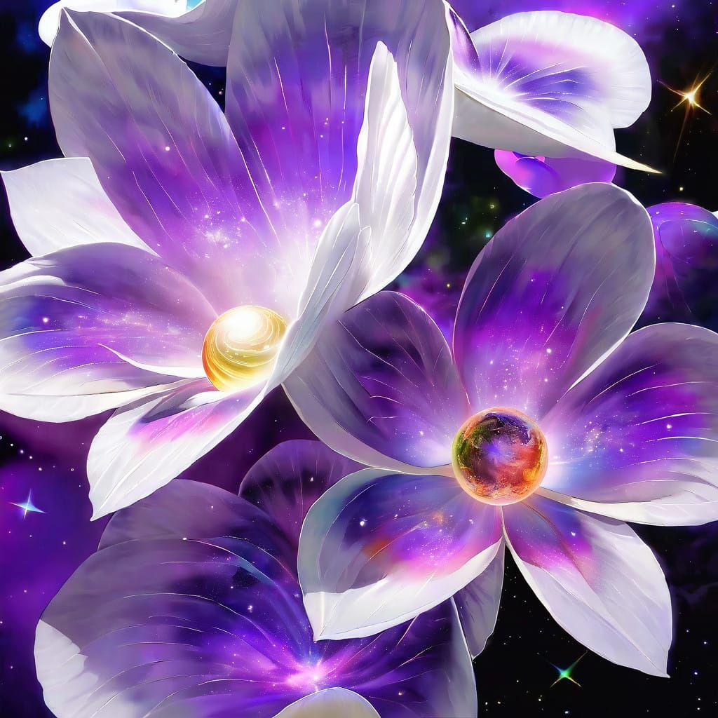 Dreamy Cosmic Landscape with Vibrant Orchids in Iridescent S...