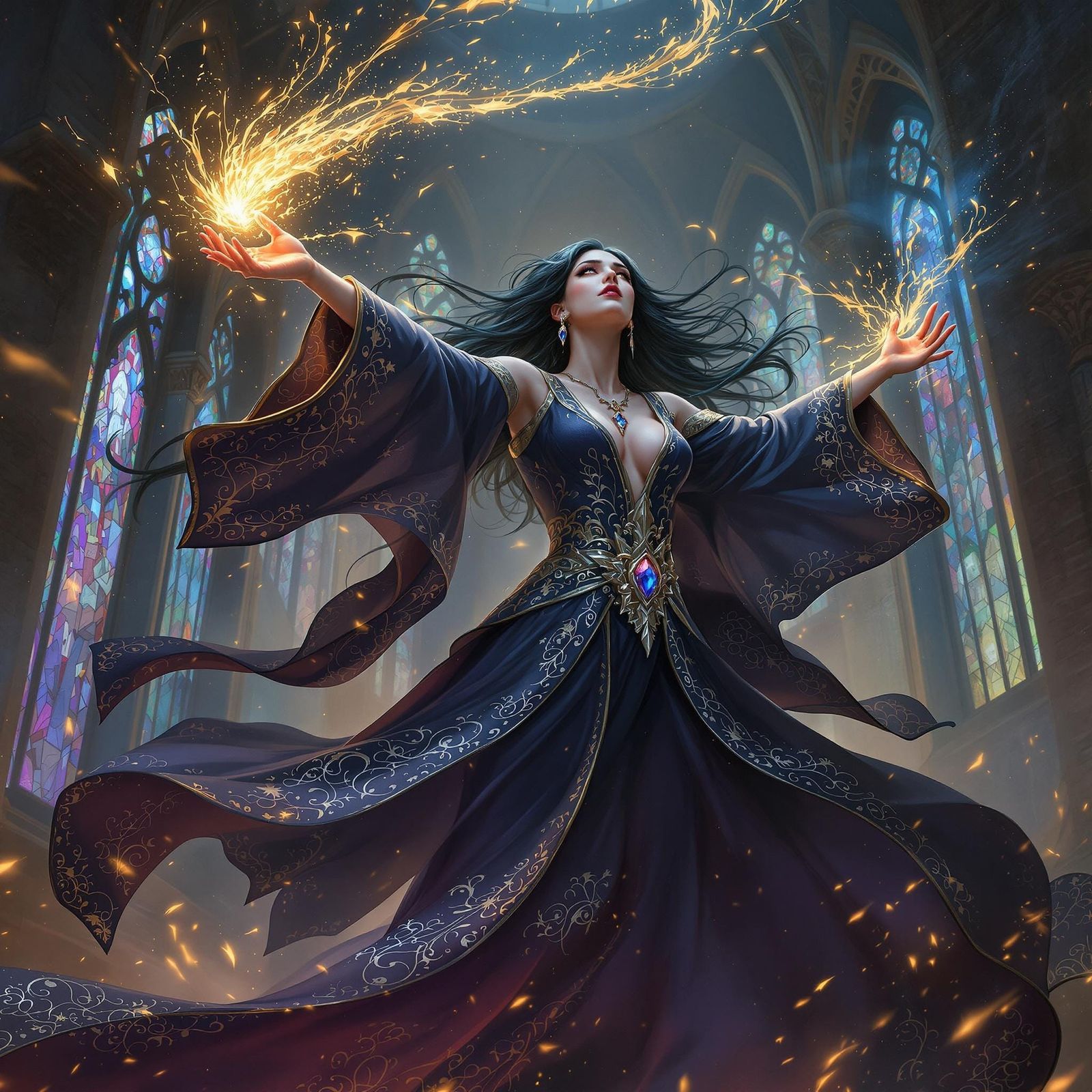 Sorceress Unleashes Magic in Gothic Cathedral