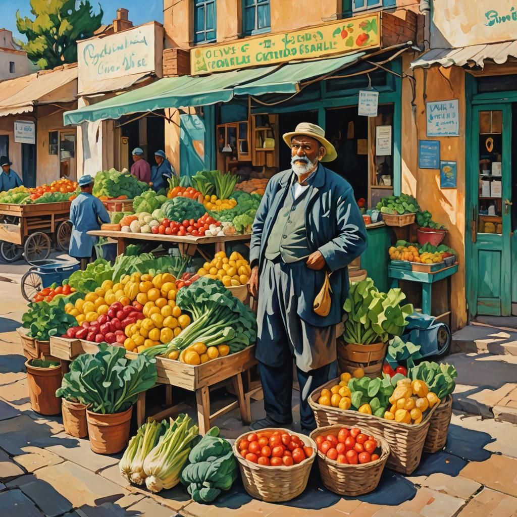 Gouache Masterpiece of a North African Grocery Store Scene