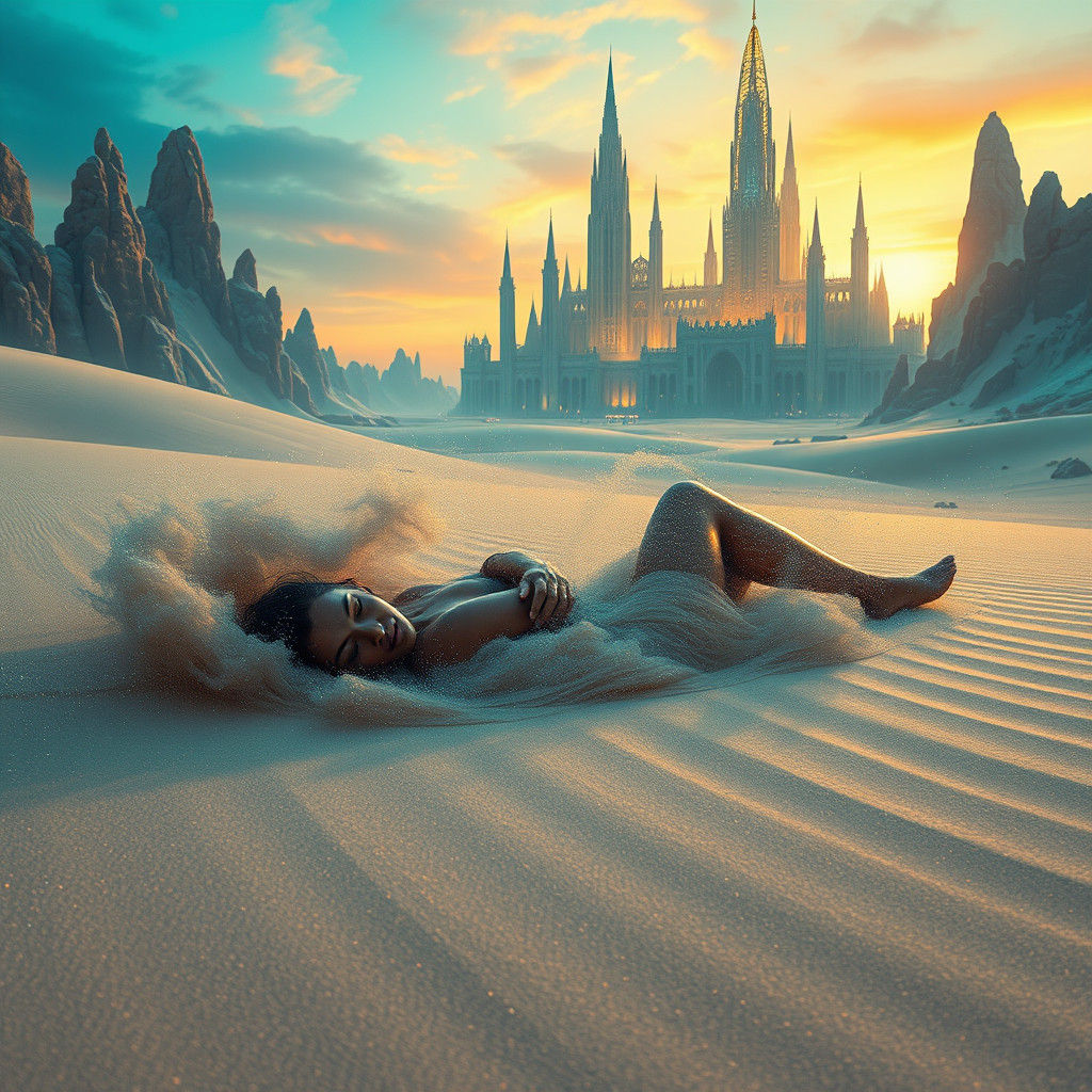 Woman in Surreal Iridescent Desert Landscape