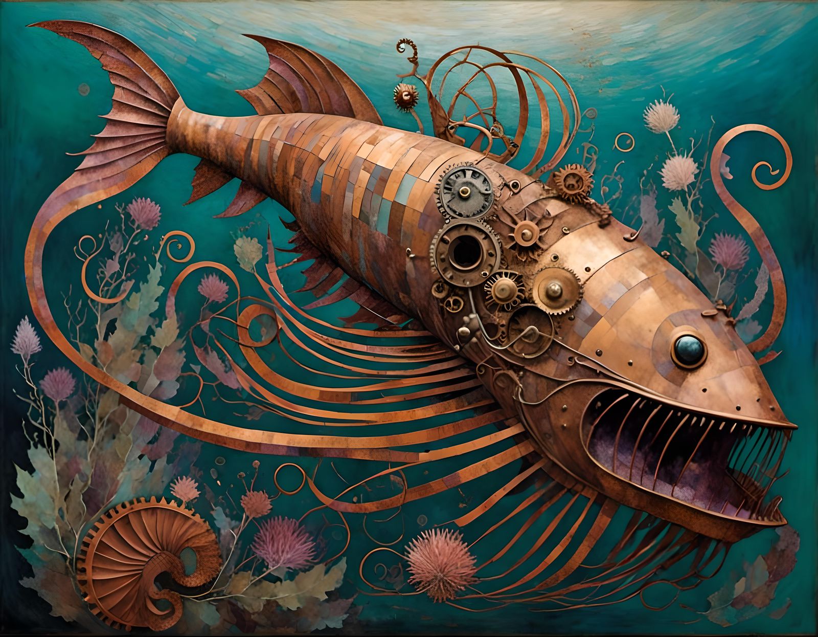 Steampunk Nautilus Submarine Attacked by Squid