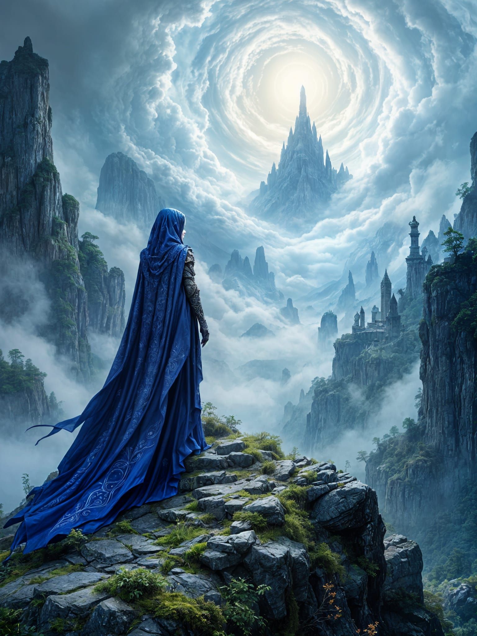 Regal Sorceress Surveys Majestic Landscape in Sapphire Armor
