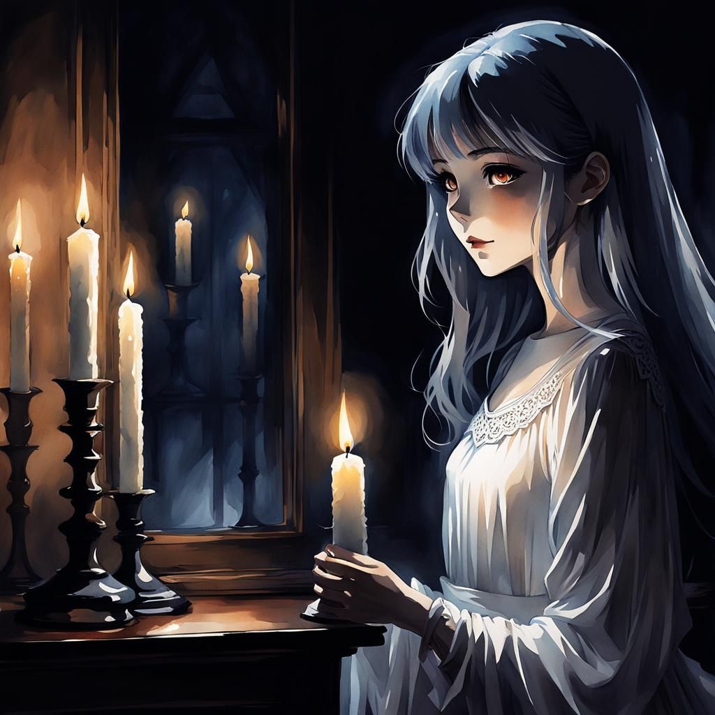 Ghost Girl Offers Candle in Watercolor Anime Style