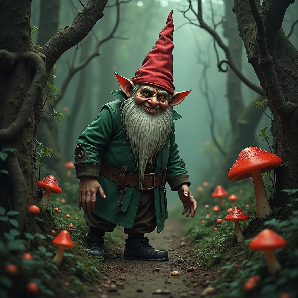Mischievous Garden Gnome in Dark, Whimsical Landscape