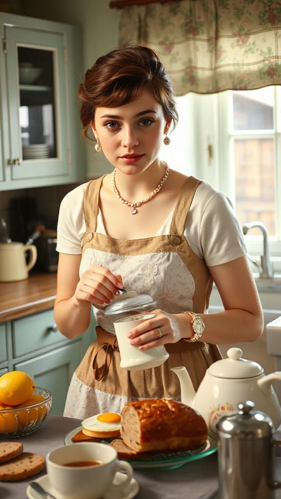 1950s British Tradwife Prepares Full English Breakfast