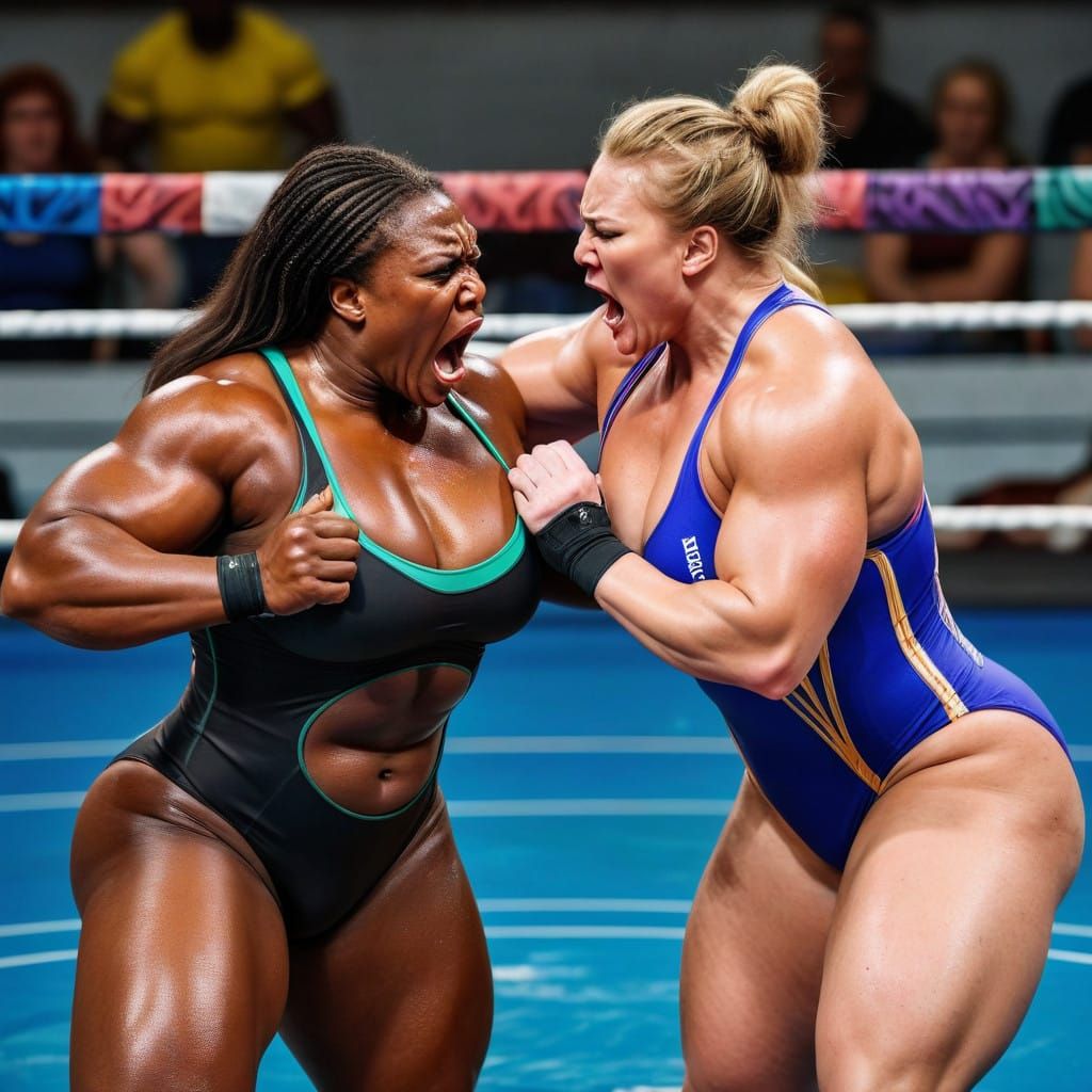 Muscular Women Wrestling in Multicolor Swimsuits