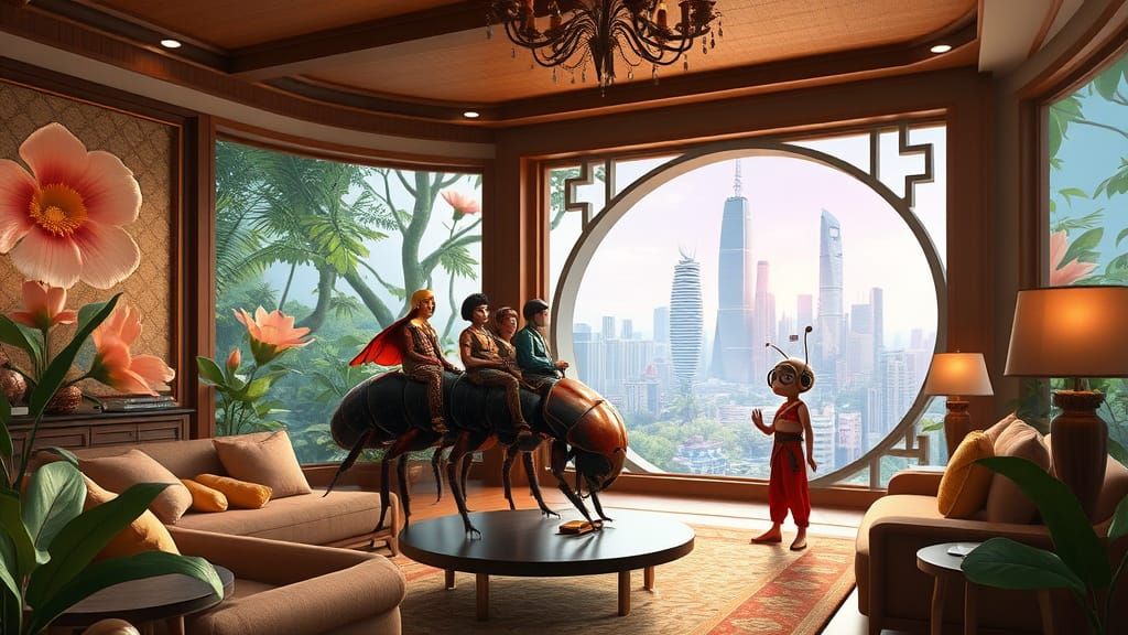 Balinese Villa Opens to Futuristic Portal in Pixar Style