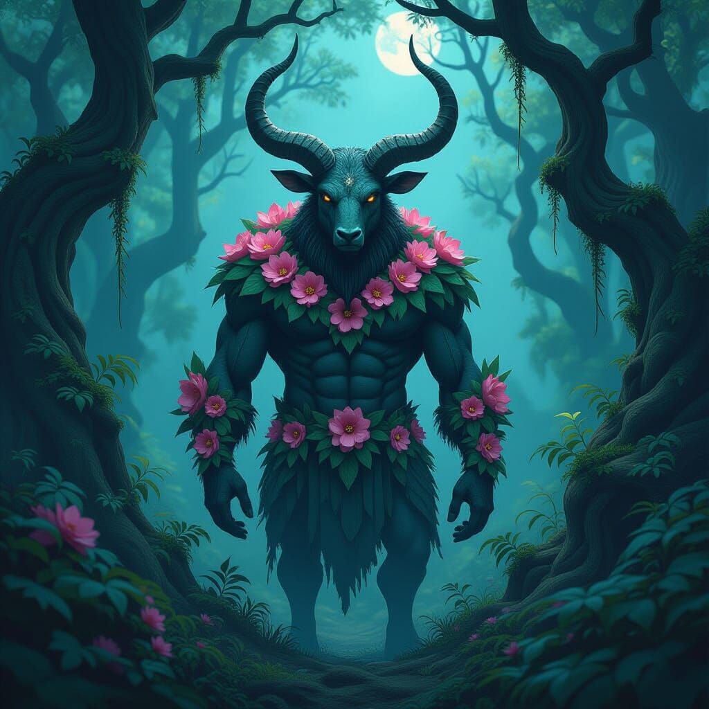 Floral Minotaur in Mystical Forest, Digital Art