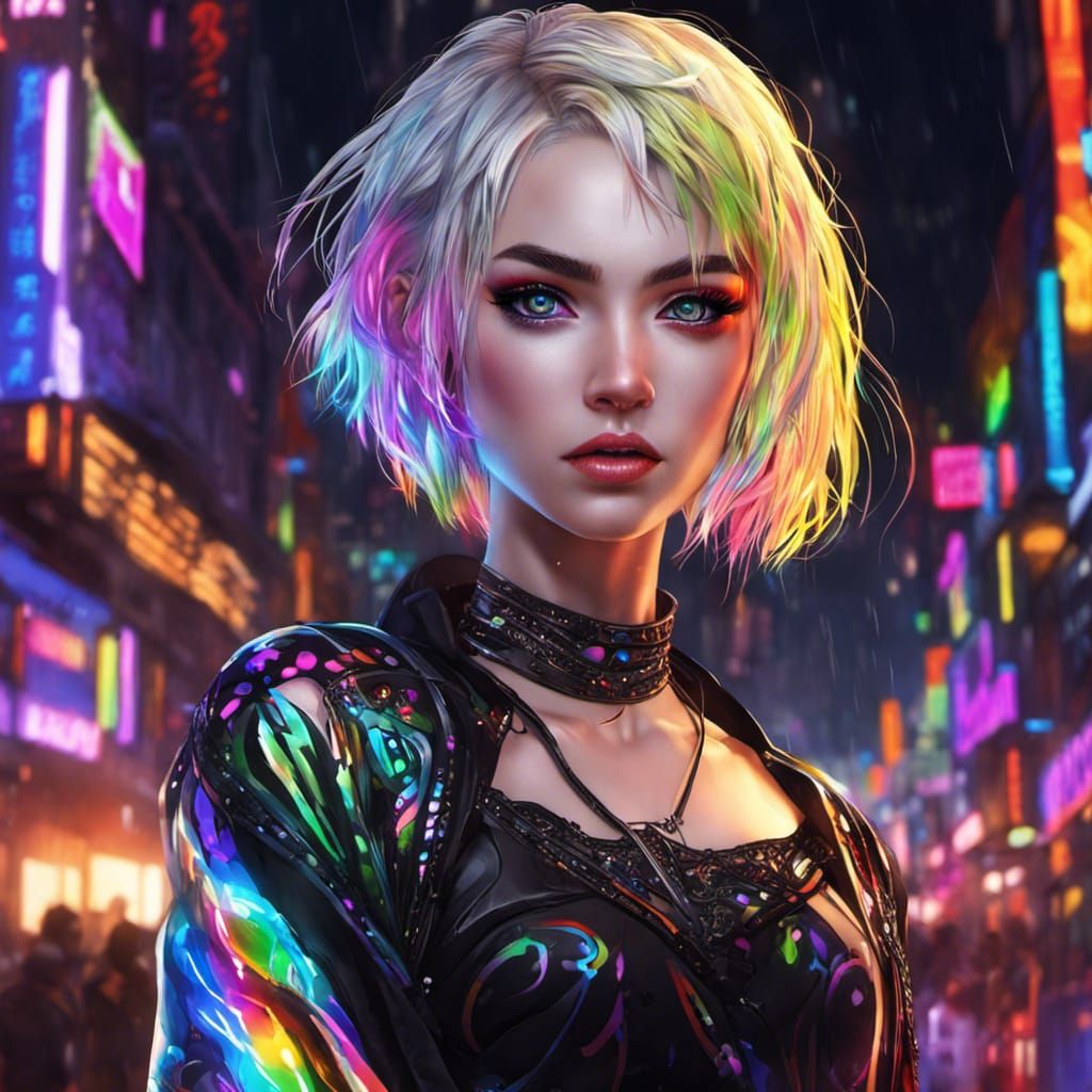 Raver Goth Woman in Neon City, Anime Style