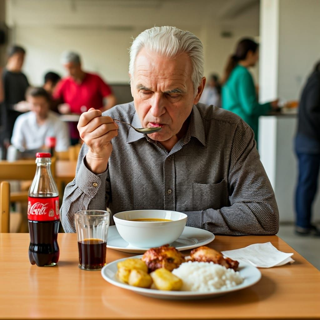 Photorealistic Elderly Man's Cafeteria Lunch