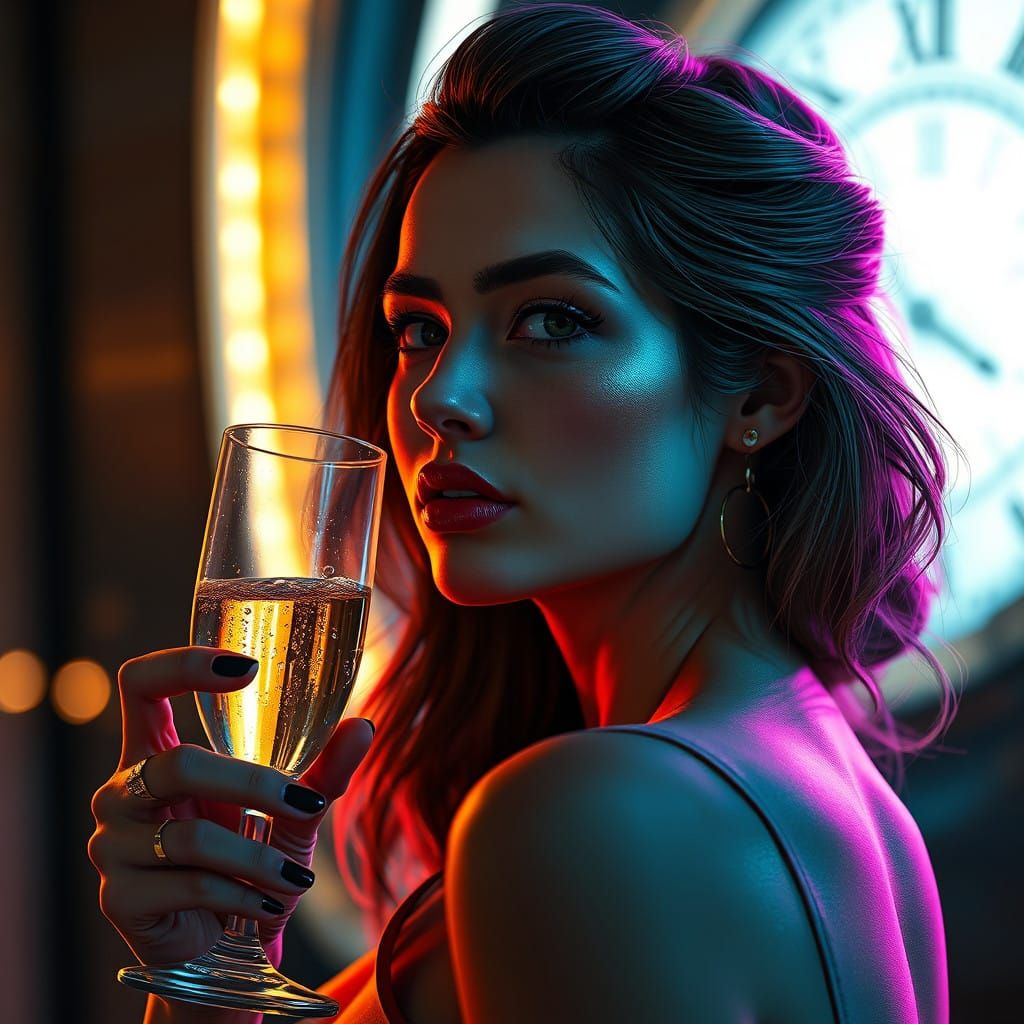 Elegant Woman Cheers New Year with Champagne