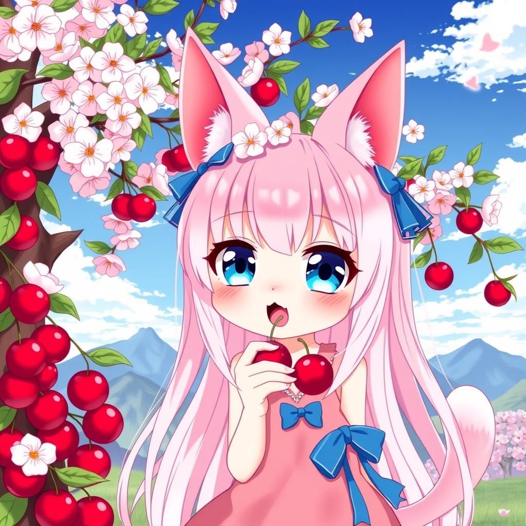Anime Catgirl Under Cherry Blossoms