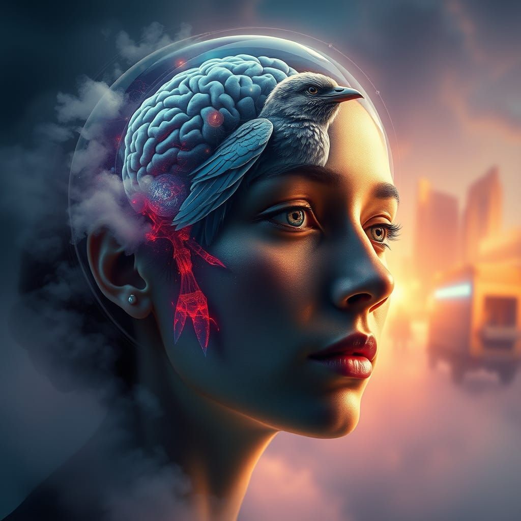 Surreal Woman with Bird Brain in Foggy City