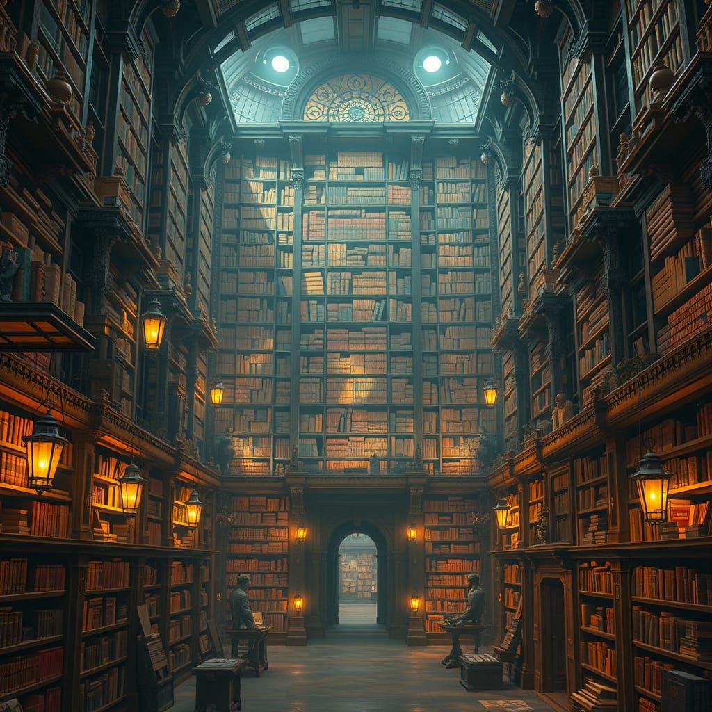 Majestic Ancient Library of Wisdom in Retro-Futuristic Style