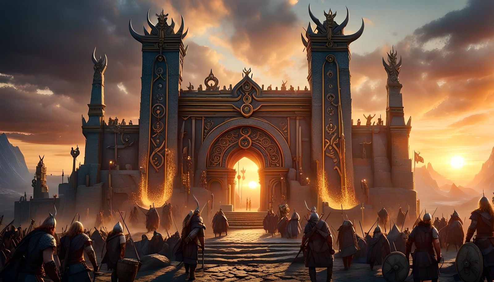 Epic Valhalla Entrance in Vibrant Sunset Hues